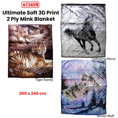 675gsm 2 Ply 3D Print Faux Mink Blanket Queen 200x240 cm Winter Wolf - Mekamart Australia