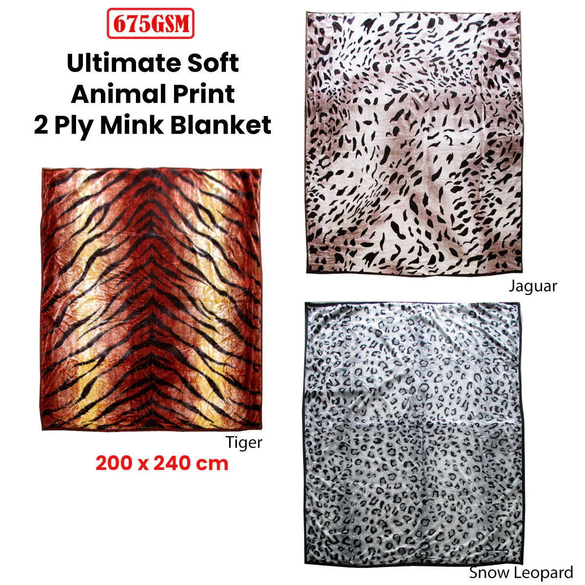 675gsm 2 Ply Animal Print Faux Mink Blanket Queen 200x240 cm Tiger - Mekamart Australia