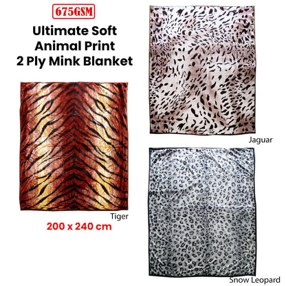 675gsm 2 Ply Animal Print Faux Mink Blanket Queen 200x240 cm Tiger - Mekamart Australia