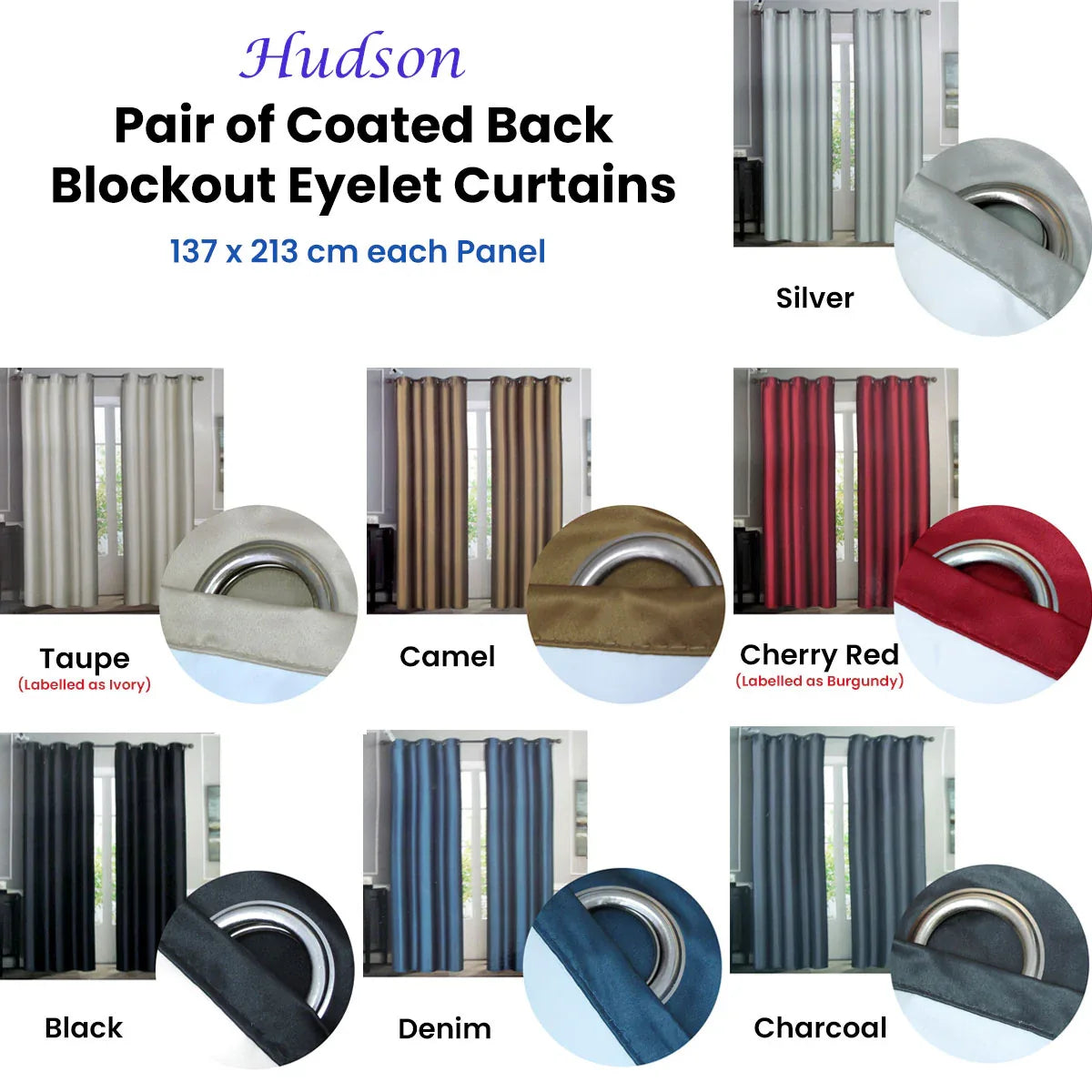 Emporio Hudson Pair of Coated Back Blockout Eyelet Curtains 137 x 213cm each Denim - Mekamart Australia
