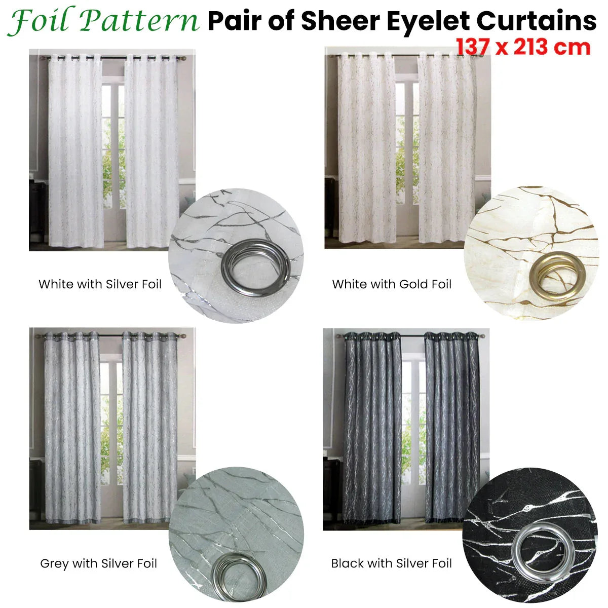 Pair of Sheer Eyelet Curtains White with Gold Foils 137 x 213 cm - Mekamart Australia
