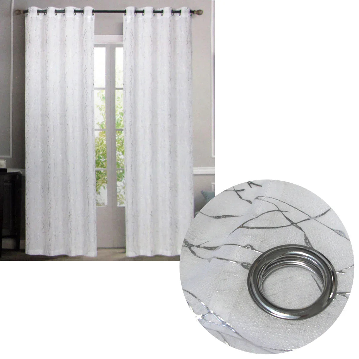 Pair of Sheer Eyelet Curtains White with Silver Foils 137 x 213 cm - Mekamart Australia