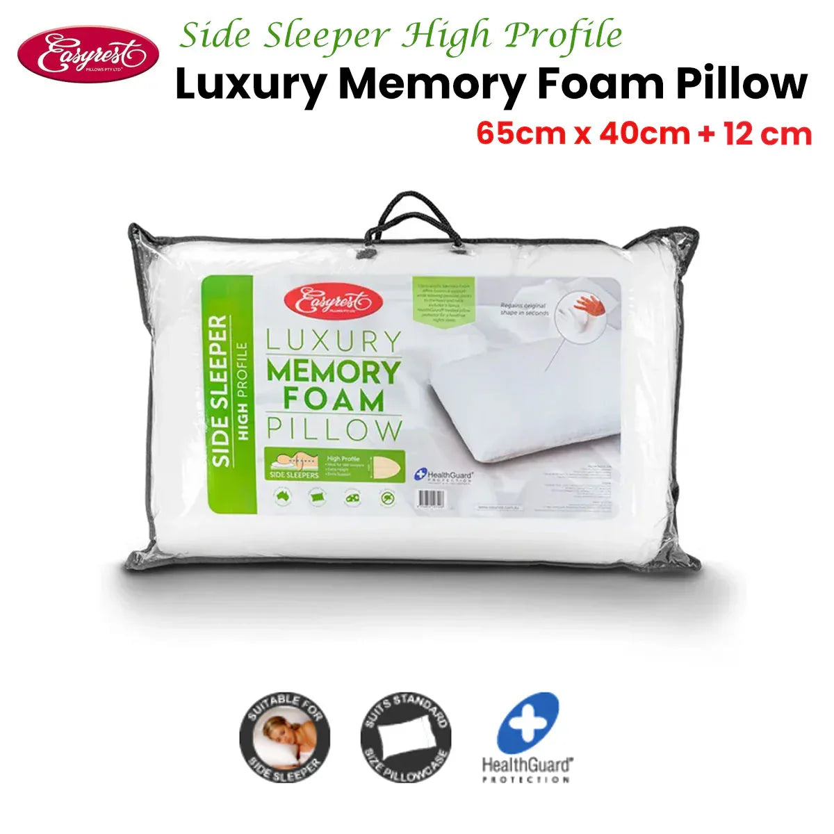 Easyrest Side Sleeper High Profile Luxury Memory Foam Pillow 65 x 40 + 12cm BONUS removable Cover - Mekamart Australia