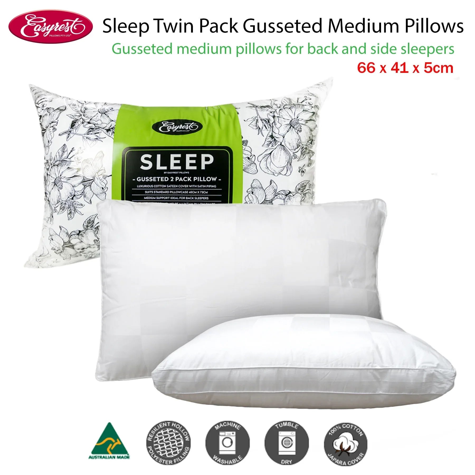 Easyrest Sleep Twin Pack Gusseted Medium Standard Pillows - Mekamart Australia