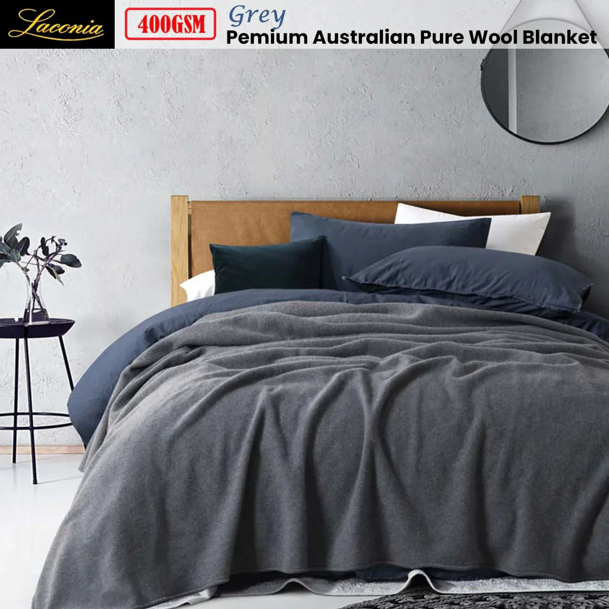 Laconia 400GSM Premium Australian Pure Wool Blanket Grey Super King - Mekamart Australia