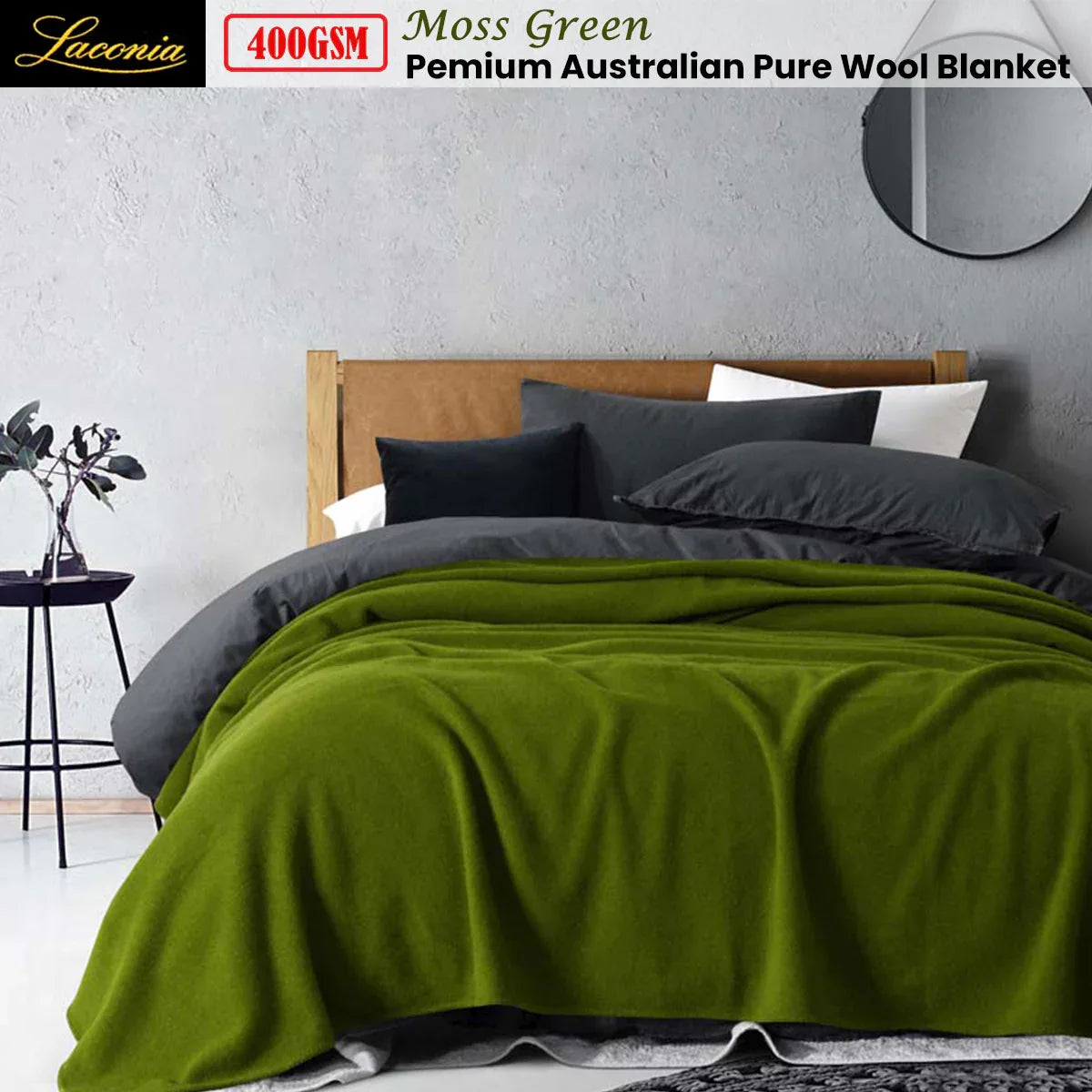 Laconia 400GSM Premium Australian Pure Wool Blanket Moss Green King - Mekamart Australia
