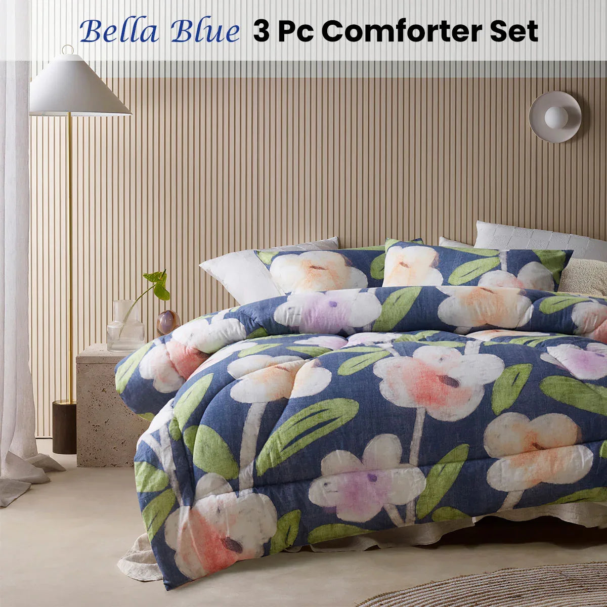 Accessorize Bella Blue Floral 3 Piece Comforter Set Queen - Mekamart Australia