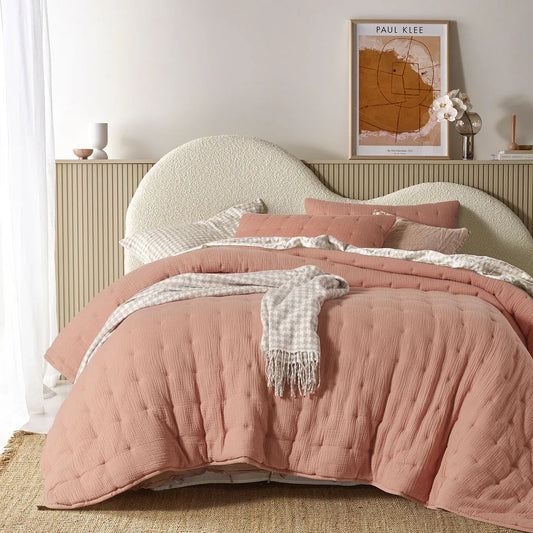 Vintage Design Homewares 3 Piece Hugo Cotton Gauze Quilted Comforter Set Clay Queen - Mekamart Australia