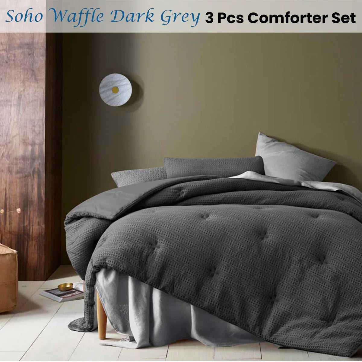 Accessorize Soho Waffle Dark Grey 3 Piece Comforter Set Queen - Mekamart Australia