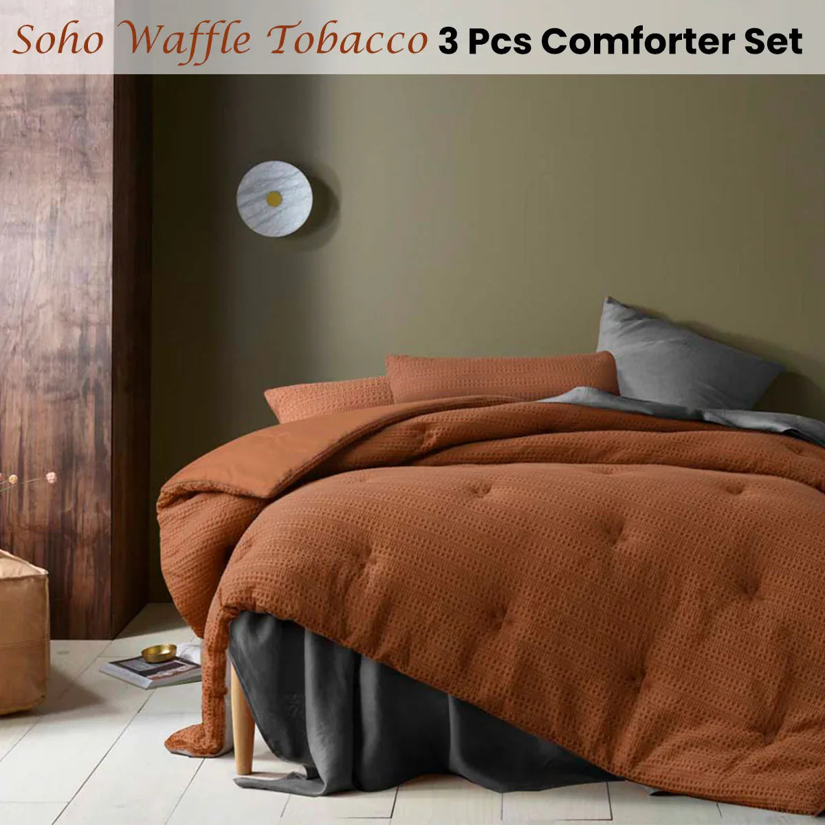 Accessorize Soho Waffle Tobacco 3 Piece Comforter Set Queen - Mekamart Australia