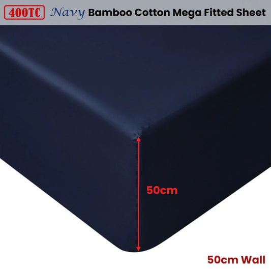 Accessorize Navy Bamboo Cotton Mega Fitted Sheet 50cm Wall Super King - Mekamart Australia