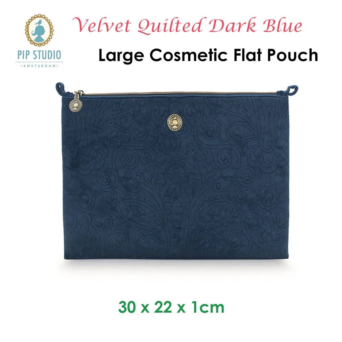 PIP Studio Velvet Quilted Dark Blue Large Cosmetic Flat Pouch - Mekamart Australia