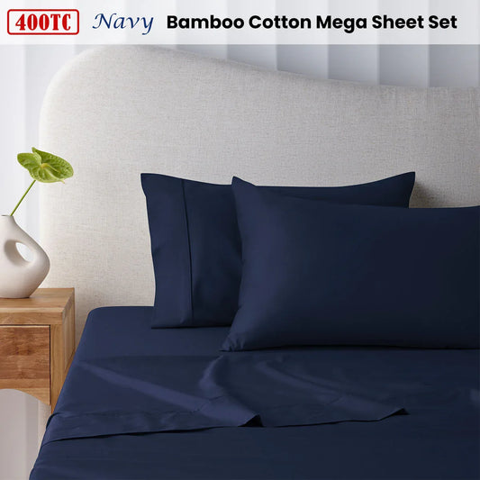 Accessorize 400TC Navy Bamboo Cotton Mega Sheet Set 50cm Wall Super King - Mekamart Australia