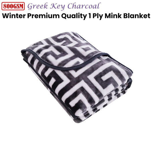 Bloomington 800GSM Greek Key Charcoal Winter Premium Quality 1 Ply Mink Blanket Queen - Mekamart Australia