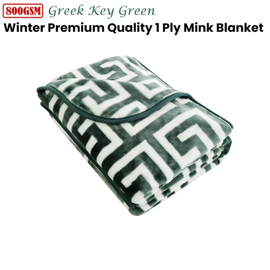 Bloomington 800GSM Greek Key Green Winter Premium Quality 1 Ply Mink Blanket Double - Mekamart Australia