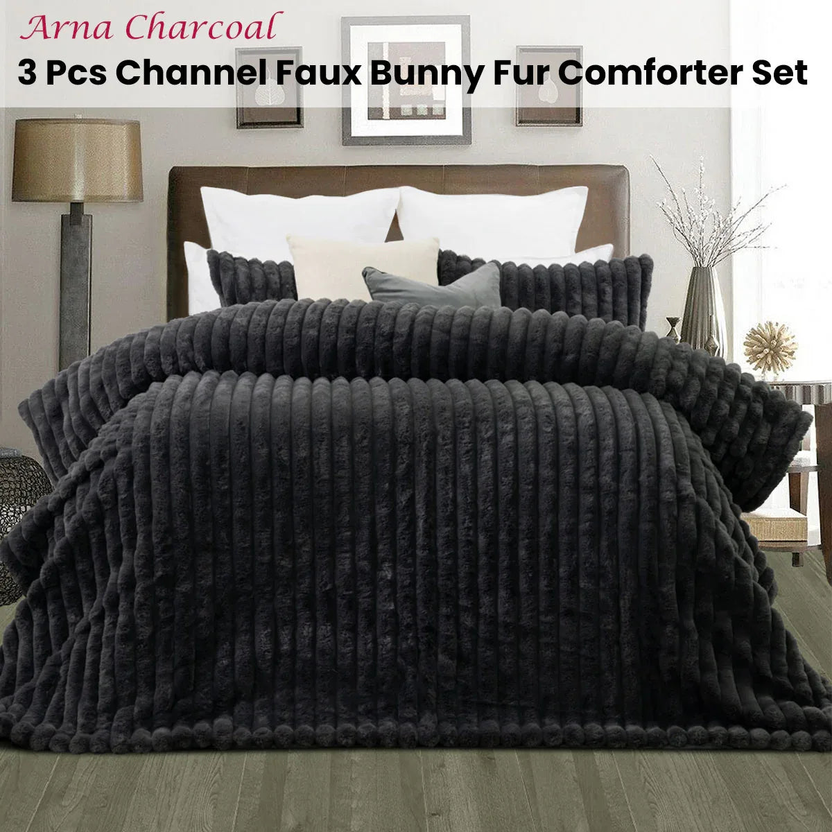 Jane Barrington Arna Charcoal 3 Pcs Channel Faux Bunny Fur Comforter Set King - Mekamart Australia