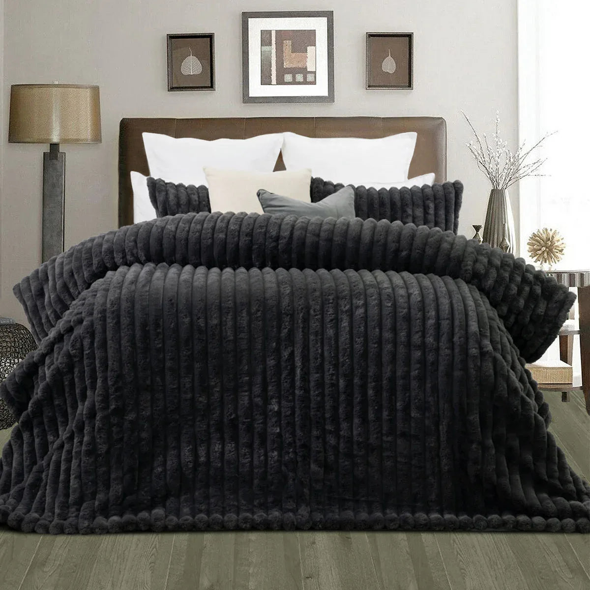 Jane Barrington Arna Charcoal 3 Pcs Channel Faux Bunny Fur Comforter Set Queen - Mekamart Australia