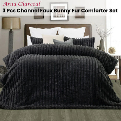Jane Barrington Arna Charcoal 3 Pcs Channel Faux Bunny Fur Comforter Set Queen - Mekamart Australia