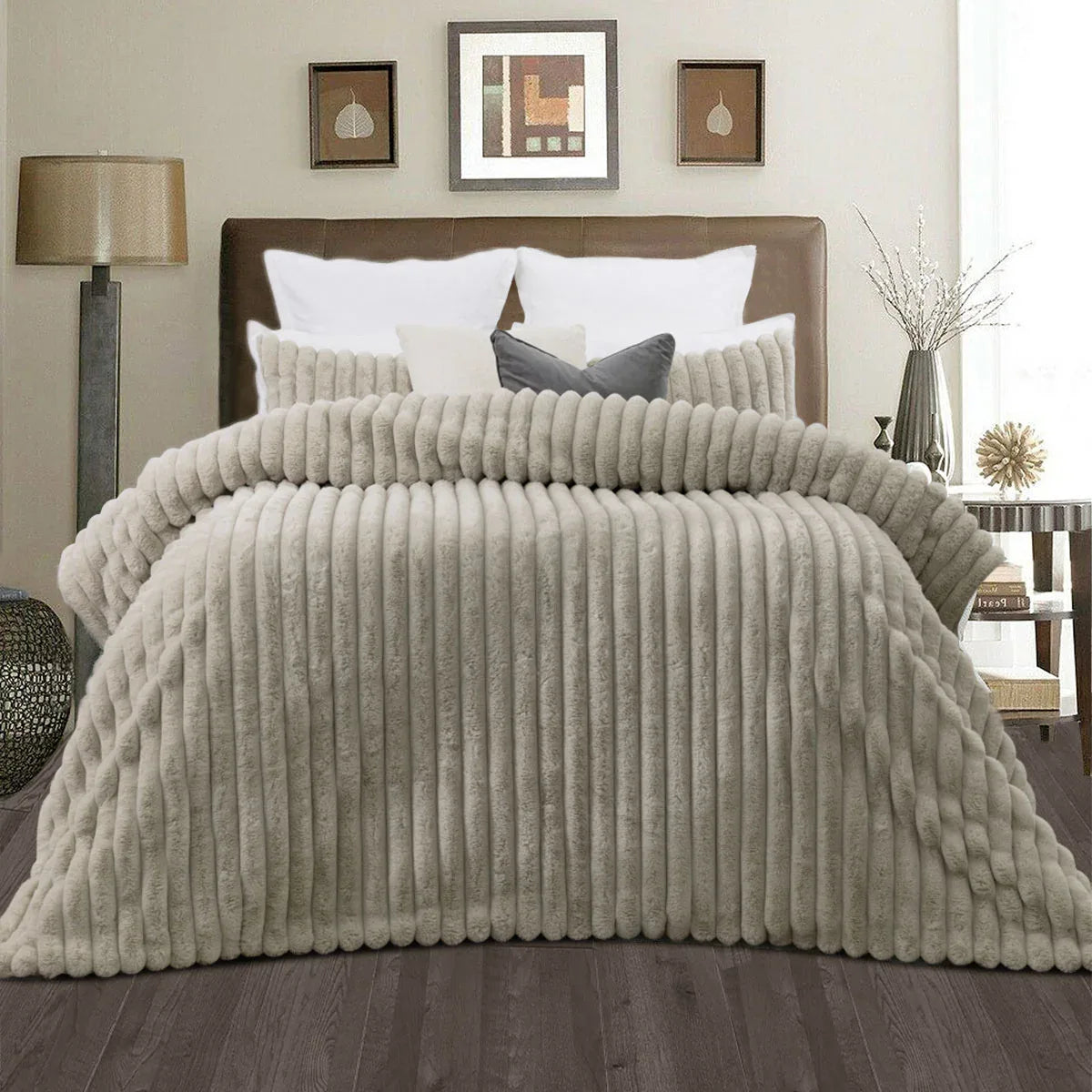 Jane Barrington Arna Natural 3 Pcs Channel Faux Bunny Fur Comforter Set King - Mekamart Australia