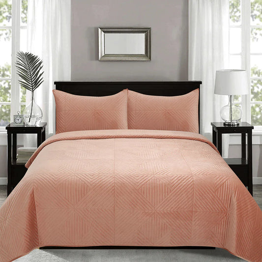 J.Elliot Home Merida Clay Pink Velvet Quilted Coverlet Set Queen/King - Mekamart Australia