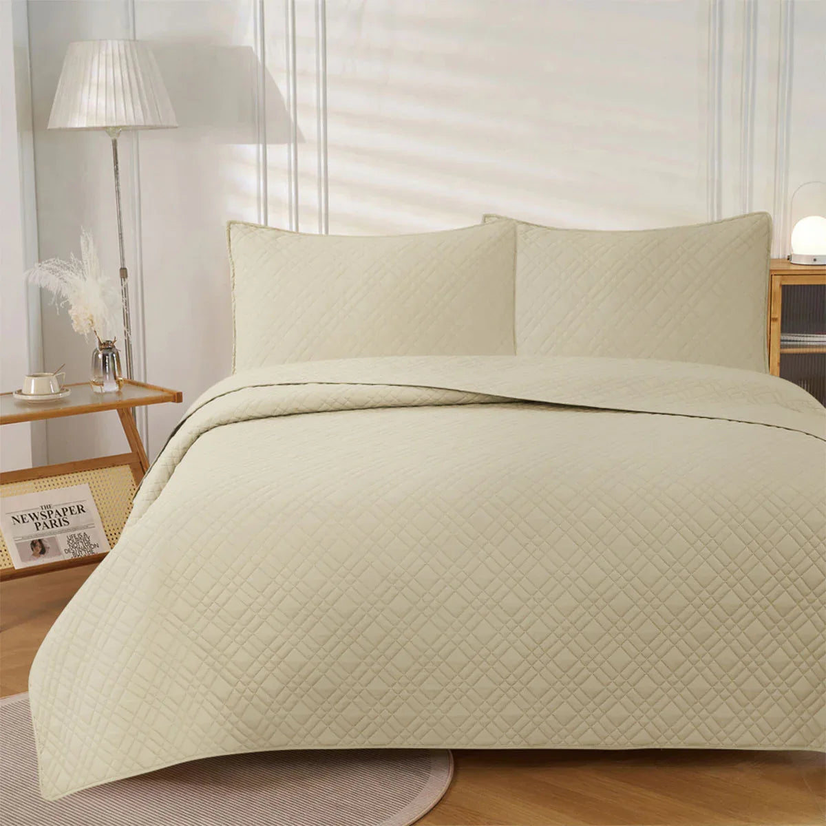 Jane Barrington Morris Beige Ultrasonic Embossed Lightly Quilted Reversible Coverlet Set Queen - Mekamart Australia