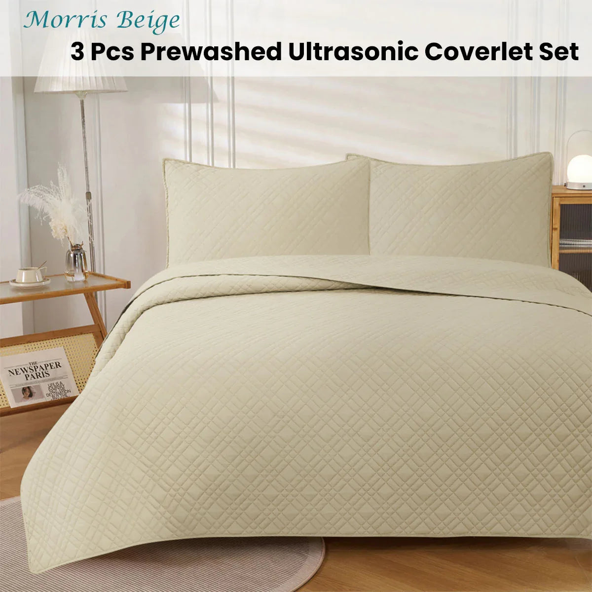 Jane Barrington Morris Beige Ultrasonic Embossed Lightly Quilted Reversible Coverlet Set Queen - Mekamart Australia