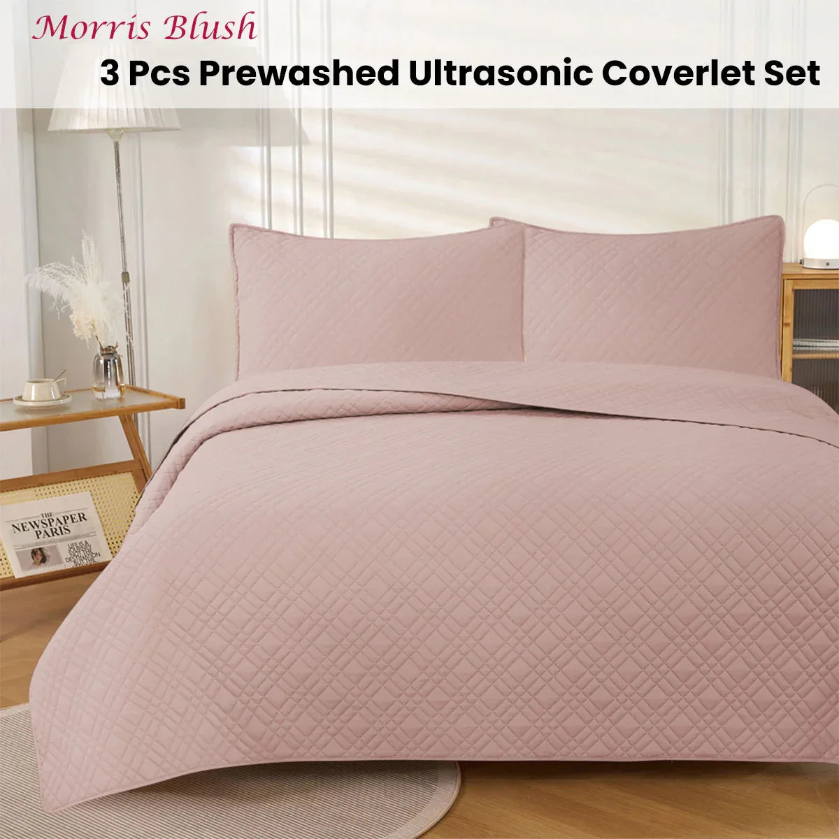 Jane Barrington Morris Blush Ultrasonic Embossed Lightly Quilted Reversible Coverlet Set King - Mekamart Australia