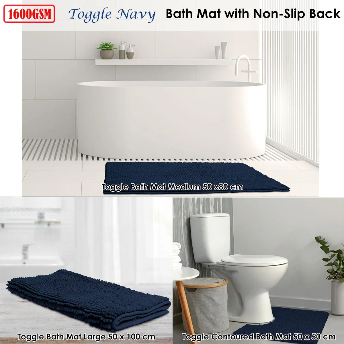 Toggle Microfiber Bath Mat Large Navy - Mekamart Australia