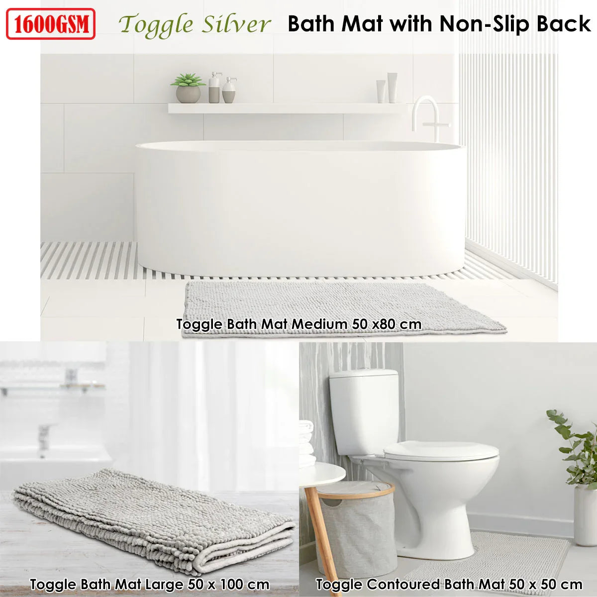Toggle Microfiber Bath Mat Large Silver - Mekamart Australia