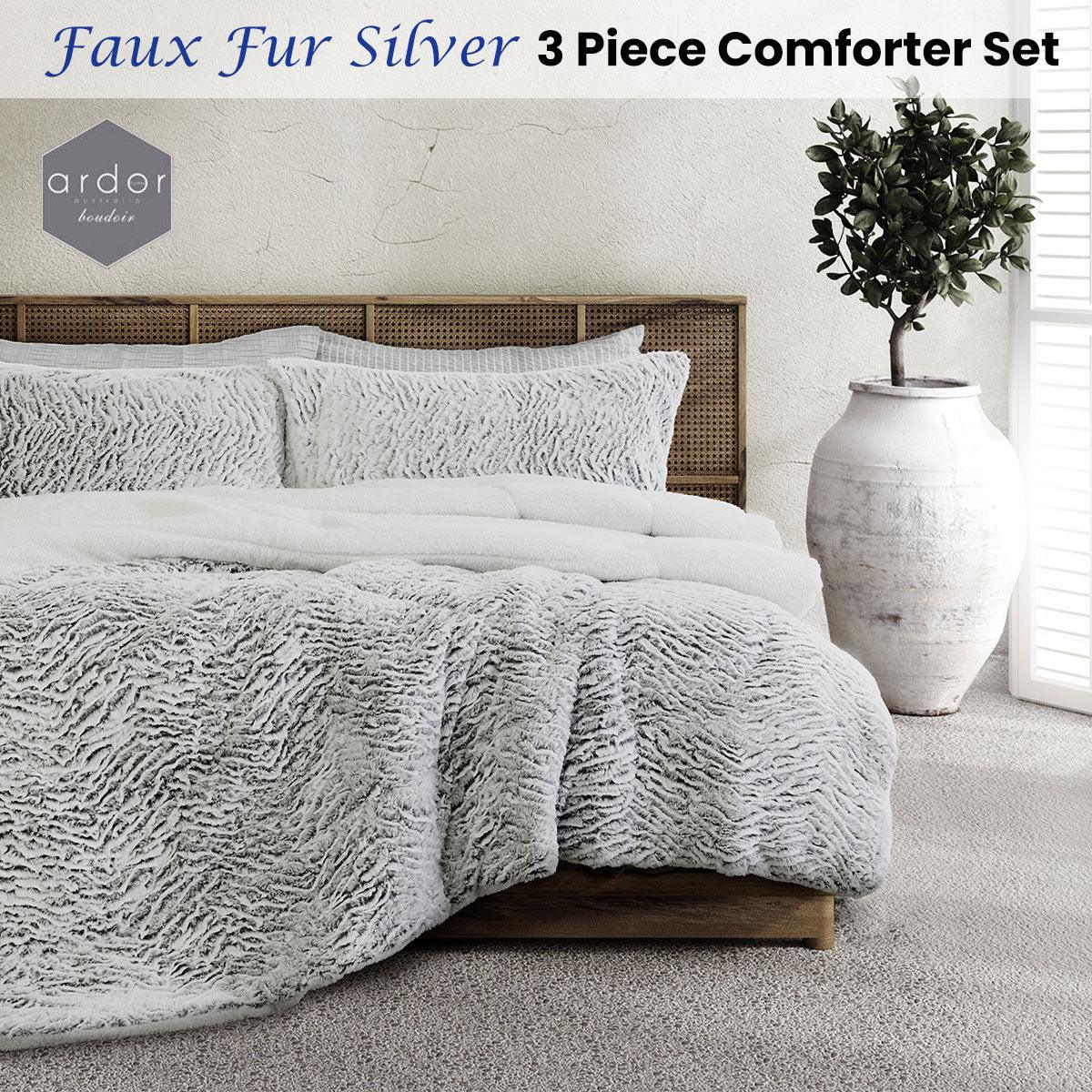 Ardor Faux Fur Silver 3 Piece Comforter Set Single/Double - Mekamart Australia