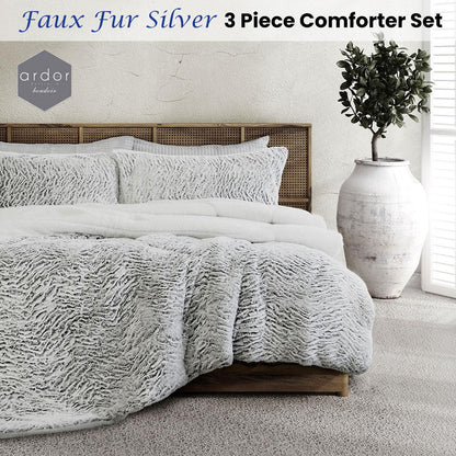 Ardor Faux Fur Silver 3 Piece Comforter Set Single/Double - Mekamart Australia