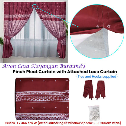 Avon Home Casa Kayangan Burgundy Pinch Pleat Window Curtain with Attached Lace Curtain - Mekamart Australia