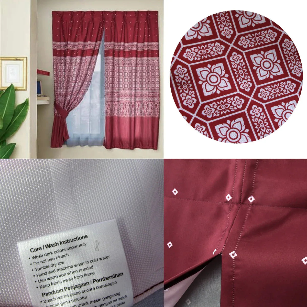 Avon Home Casa Kayangan Burgundy Pinch Pleat Window Curtain with Attached Lace Curtain - Mekamart Australia