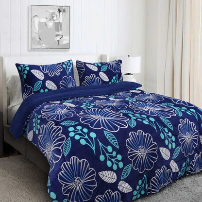 Ramesses Blue Flower Printed Sherpa Flannel Fleece Reversible Blanket Set Single/Double - Mekamart Australia