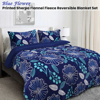 Ramesses Blue Flower Printed Sherpa Flannel Fleece Reversible Blanket Set Single/Double - Mekamart Australia