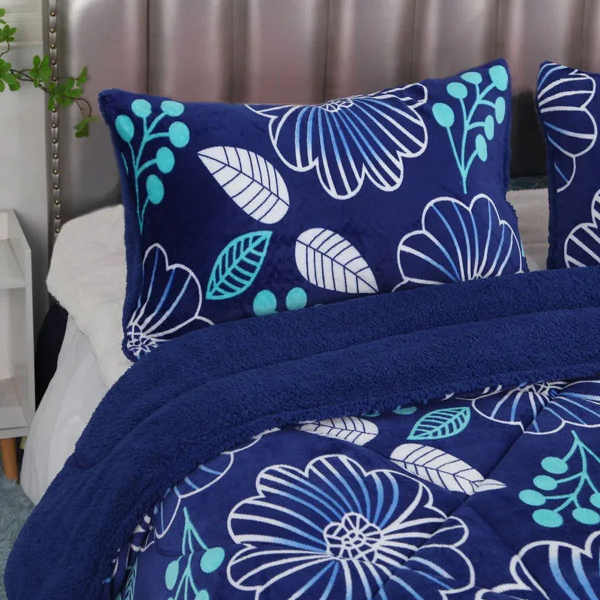 Ramesses Blue Flower Printed Sherpa Flannel Fleece Reversible Blanket Set Single/Double - Mekamart Australia