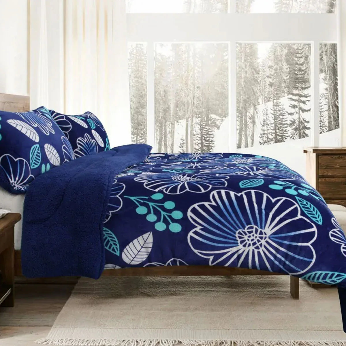 Ramesses Blue Flower Printed Sherpa Flannel Fleece Reversible Blanket Set Single/Double - Mekamart Australia