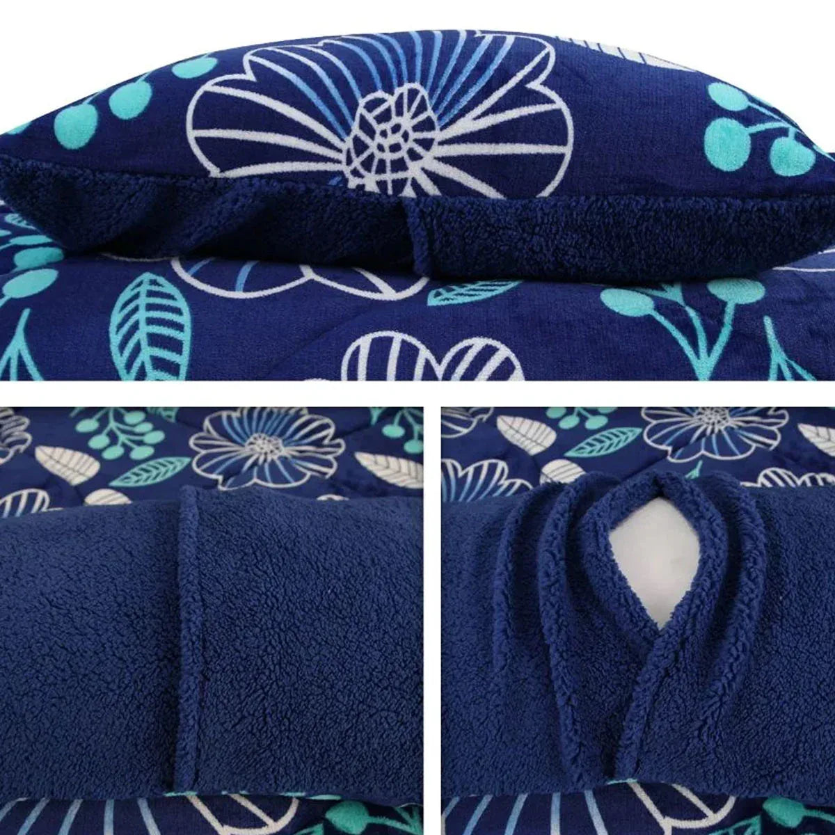 Ramesses Blue Flower Printed Sherpa Flannel Fleece Reversible Blanket Set Single/Double - Mekamart Australia