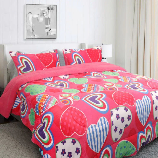 Ramesses Pink Heart Printed Sherpa Flannel Fleece Reversible Blanket Set Queen/King - Mekamart Australia