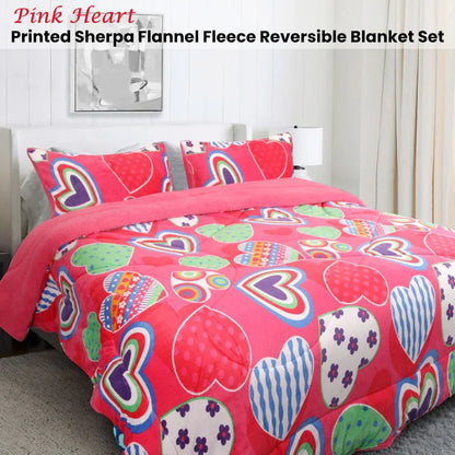 Ramesses Pink Heart Printed Sherpa Flannel Fleece Reversible Blanket Set Queen/King - Mekamart Australia
