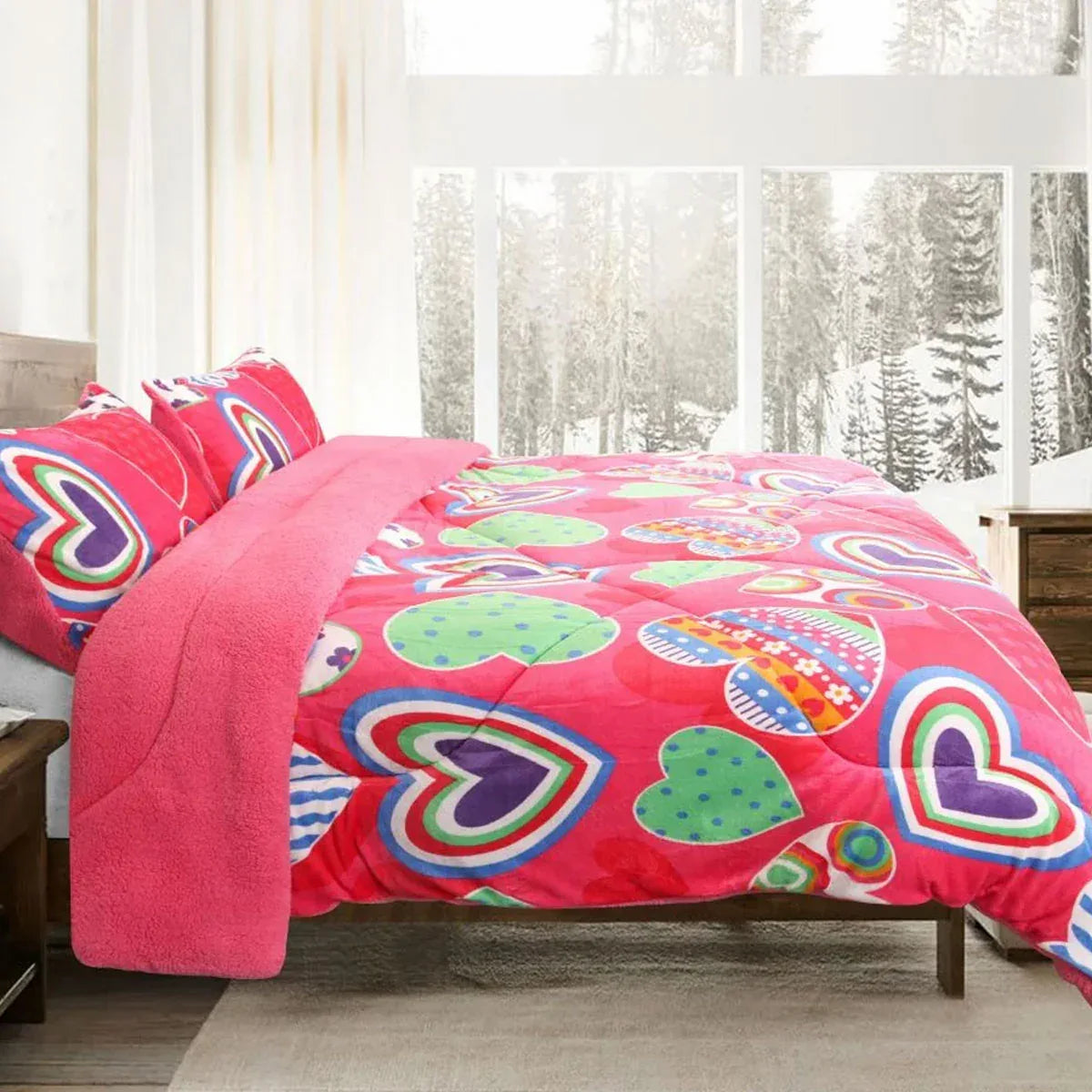 Ramesses Pink Heart Printed Sherpa Flannel Fleece Reversible Blanket Set Queen/King - Mekamart Australia