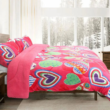 Ramesses Pink Heart Printed Sherpa Flannel Fleece Reversible Blanket Set Queen/King - Mekamart Australia