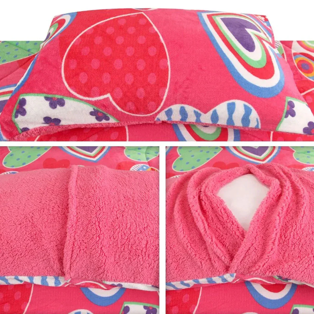 Ramesses Pink Heart Printed Sherpa Flannel Fleece Reversible Blanket Set Queen/King - Mekamart Australia