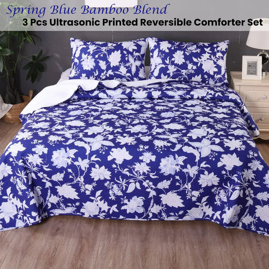Ramesses Spring Blue 3 Pcs Bamboo Blend Ultrosonic Reversible Comforter Set King - Mekamart Australia