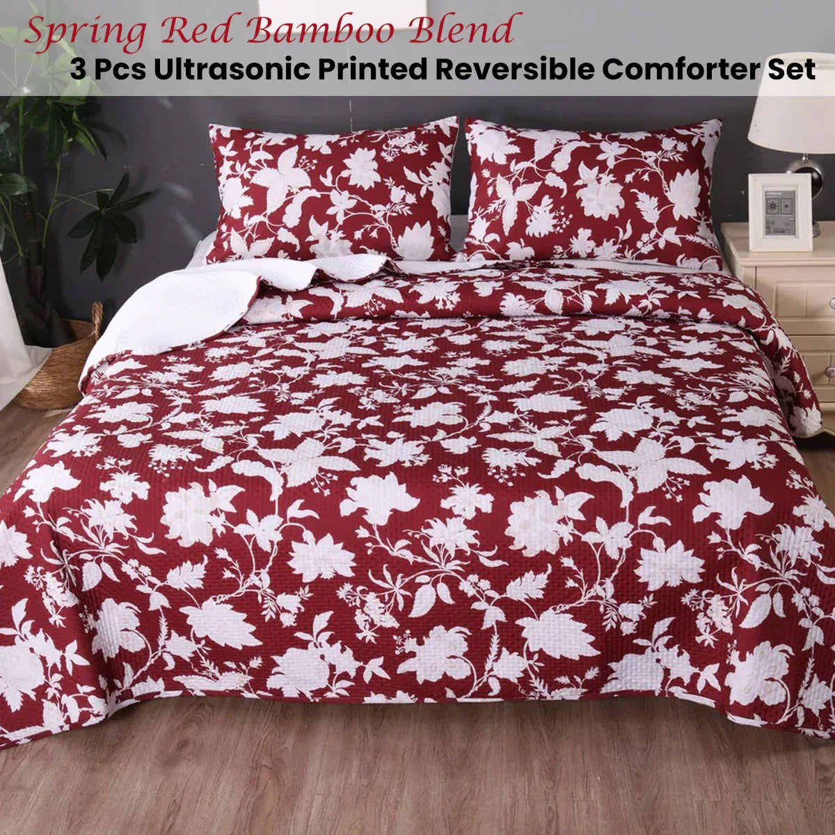 Ramesses Spring Red 3 Pcs Bamboo Blend Ultrosonic Reversible Comforter Set King - Mekamart Australia
