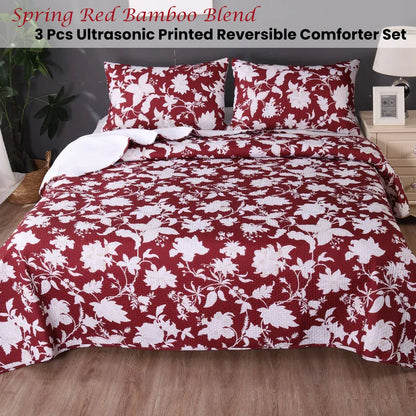 Ramesses Spring Red 3 Pcs Bamboo Blend Ultrosonic Reversible Comforter Set King - Mekamart Australia
