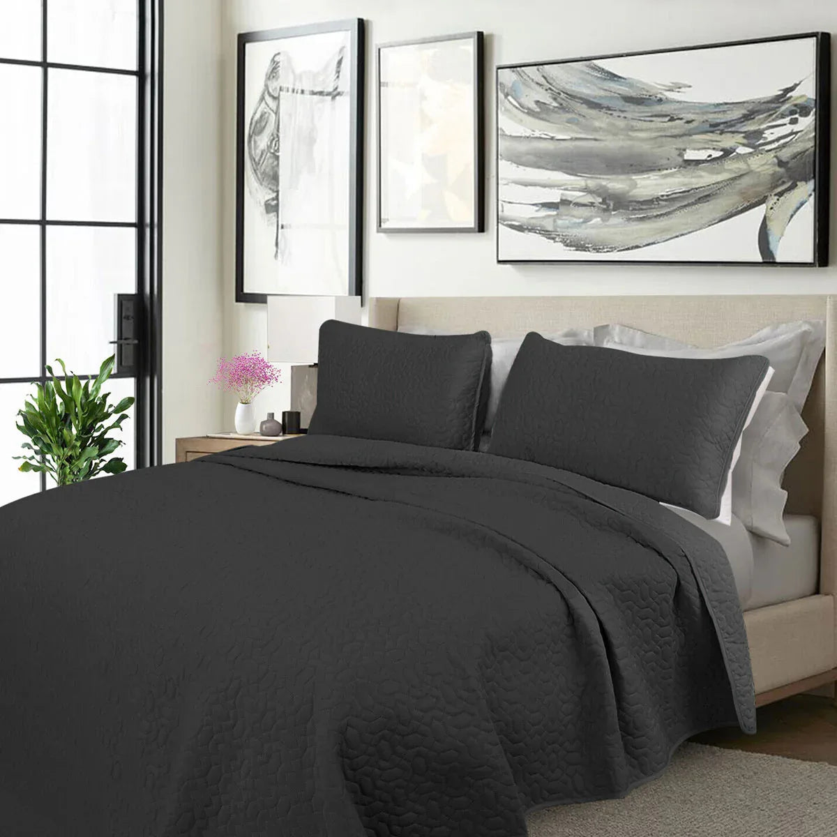 Shangri La 2000TC Charcoal Cooling Embroidered 3 Pcs Comforter Set King - Mekamart Australia