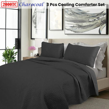 Shangri La 2000TC Charcoal Cooling Embroidered 3 Pcs Comforter Set King - Mekamart Australia