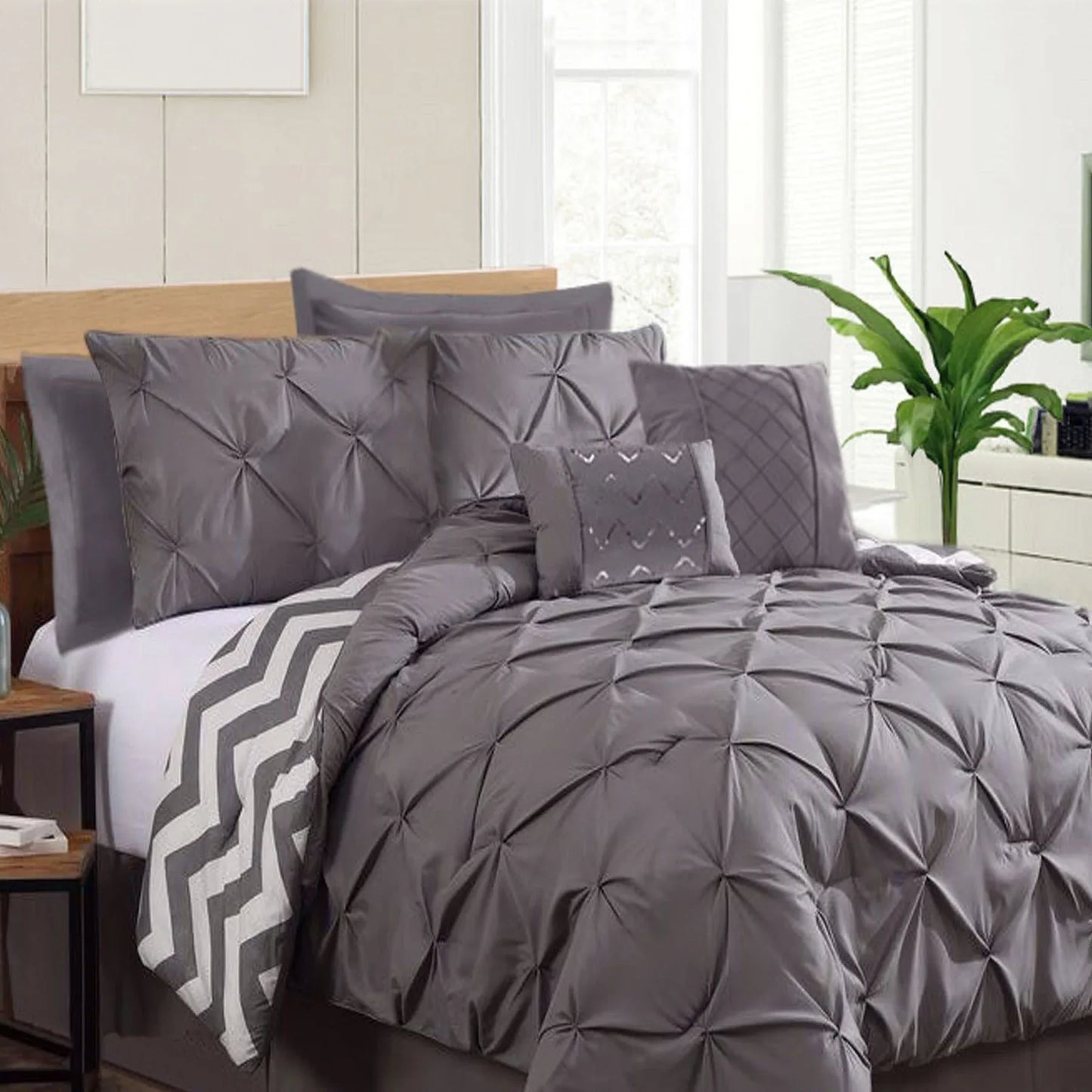 Ramesses 7 Piece Pinch Pleat Comforter Set Charcoal King - Mekamart Australia