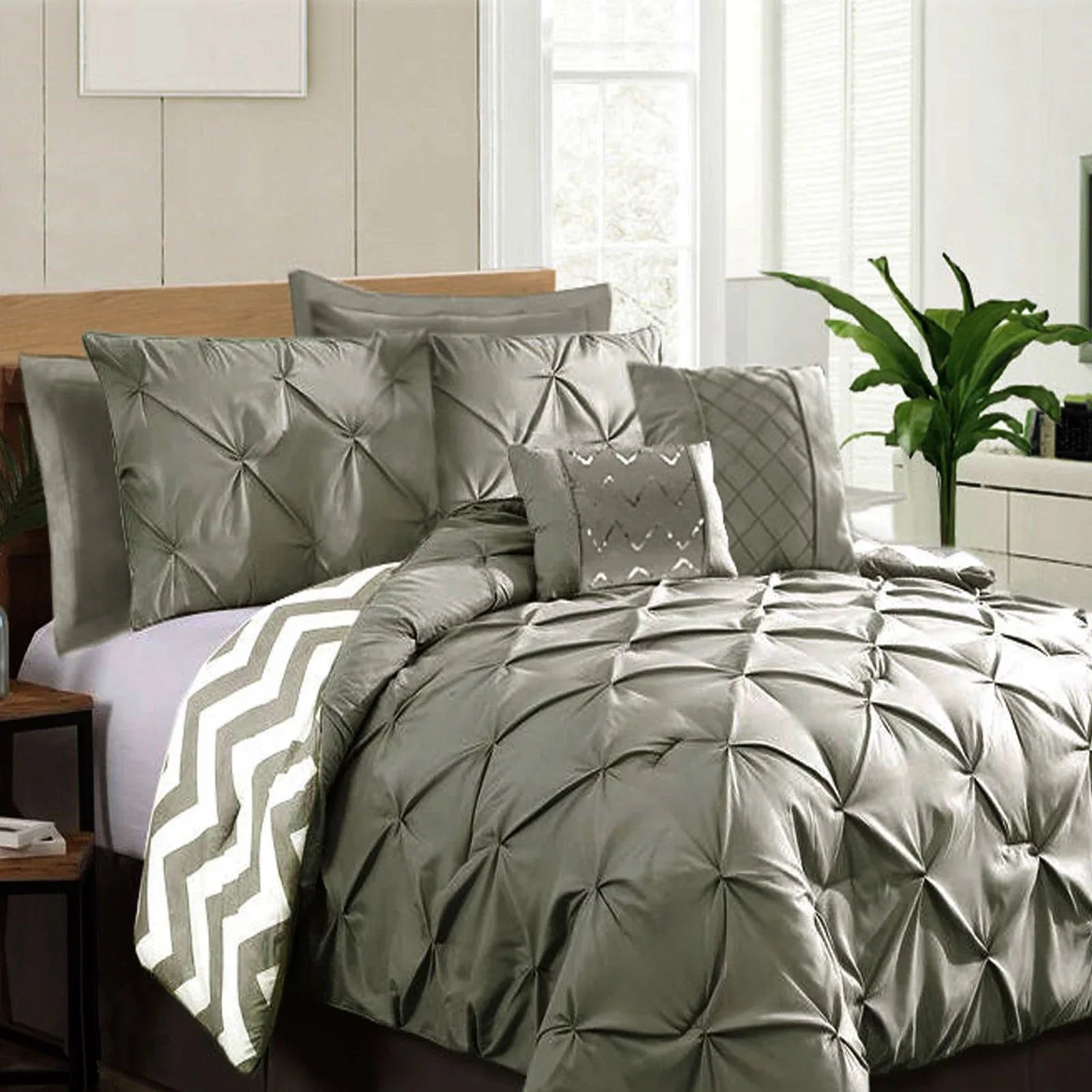 Ramesses 7 Piece Pinch Pleat Comforter Set Grey King - Mekamart Australia
